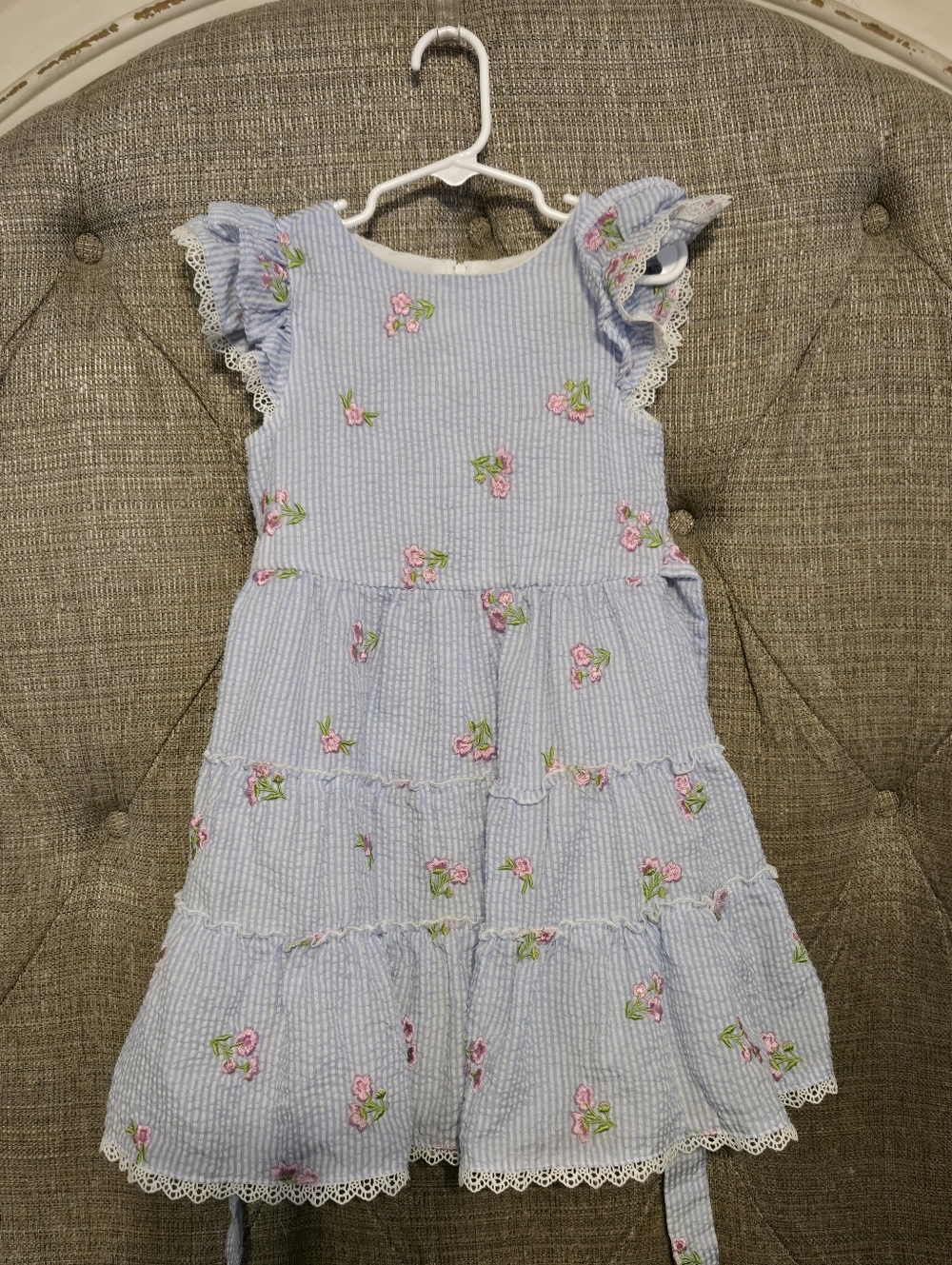 5t Rare Editions Light Blue Seersucker Dress with Pink Floral Embroidery
